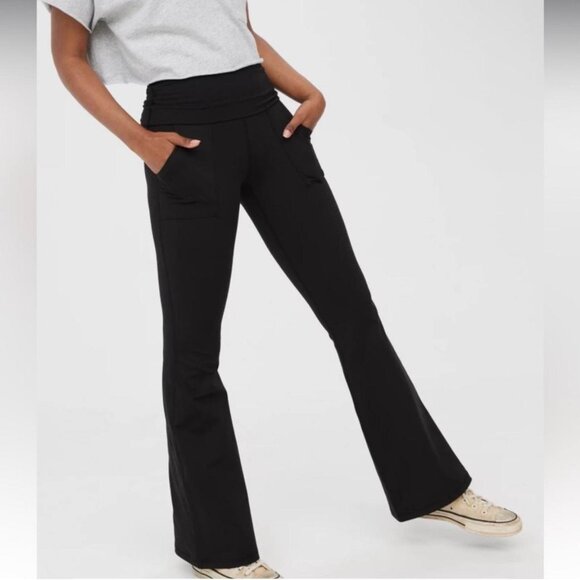 Aerie “The Hugger” Fold Over Black High Rise Flare Leggings - Picture 1 of 4